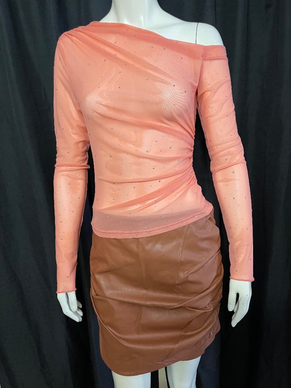 Bar III Asymmetric Rhinestone Mesh Top Peach Coral Off Shoulder Ruched NWT M